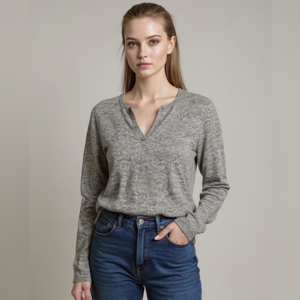 Peck & Peck Gray 2 Ply Cashmere Split Neck Sweater Minimalist Size Medium